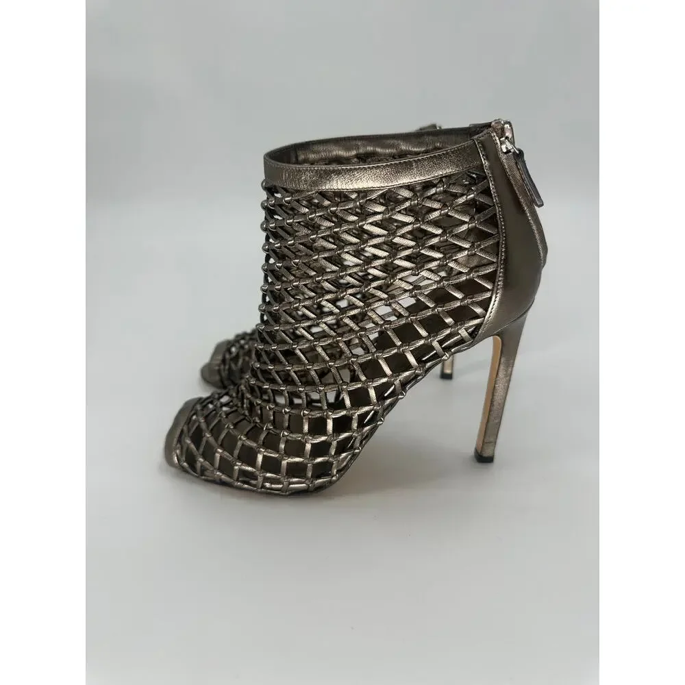 Gucci Eline Metallic Bronze Woven Leather Cage Peep Toe Booties Women's EU 37.5
